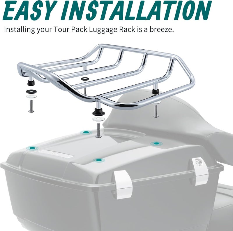 MoKitDora Tour Pak Pack Luggage Rack Trunk Rail Top Compatible with Harley 1984-up Touring CVO Street Glide Electra Glide Road Glide King Ultra Limited, Chrome - Image 5